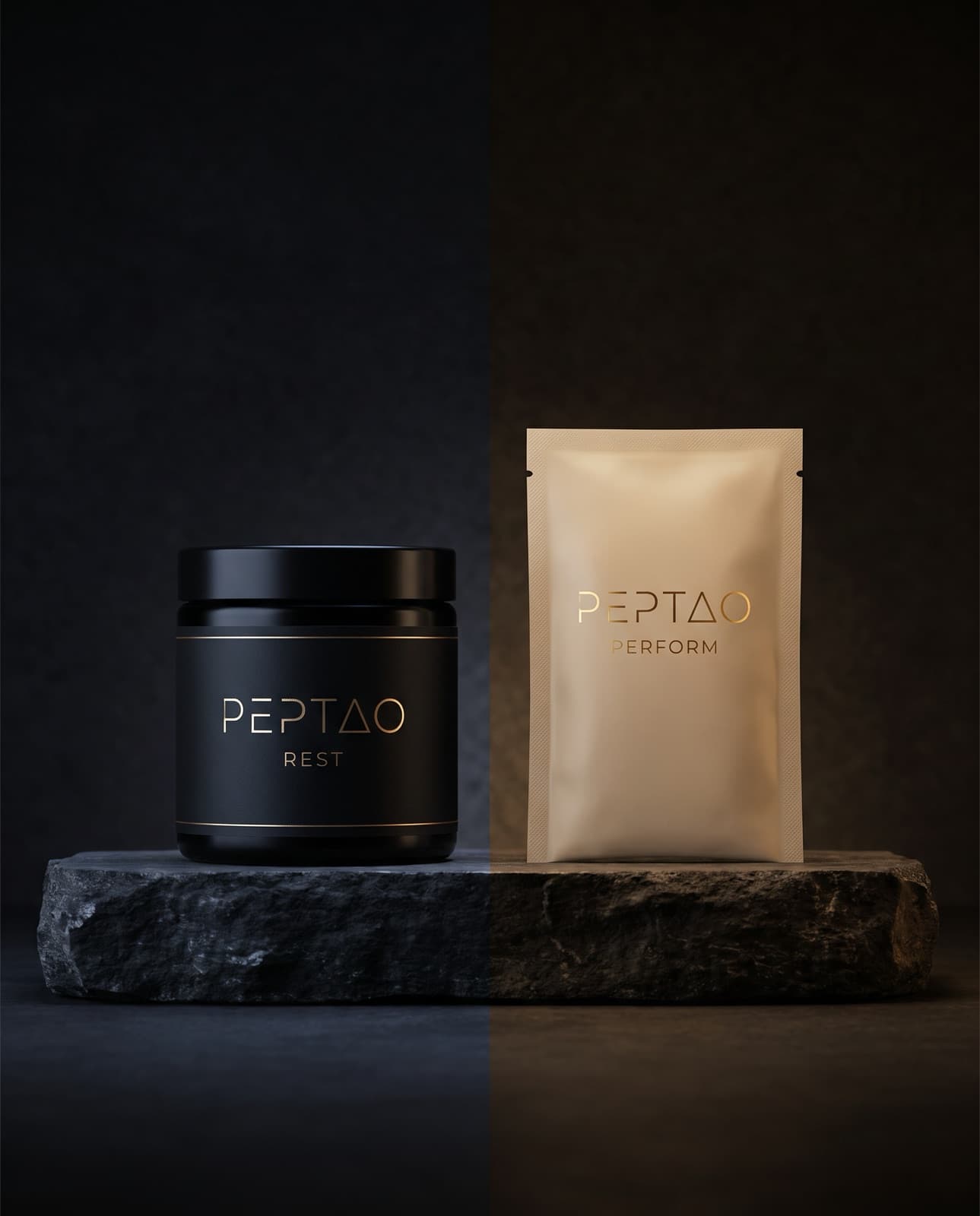 PEPTAO founding batch — a matte black capsule jar and a powder sachet on a stone plinth