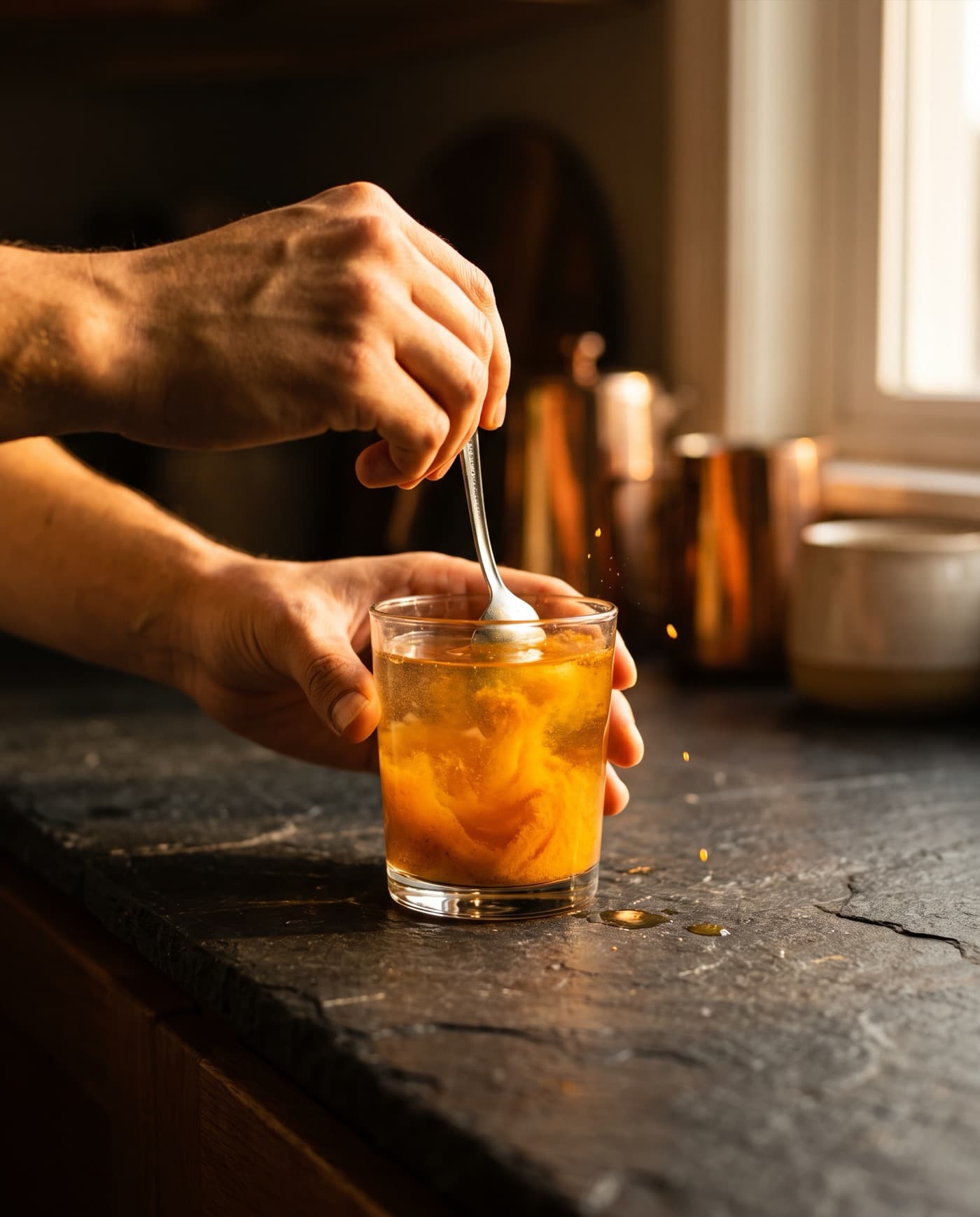 Hands stirring an orange Perform drink in a glass of water