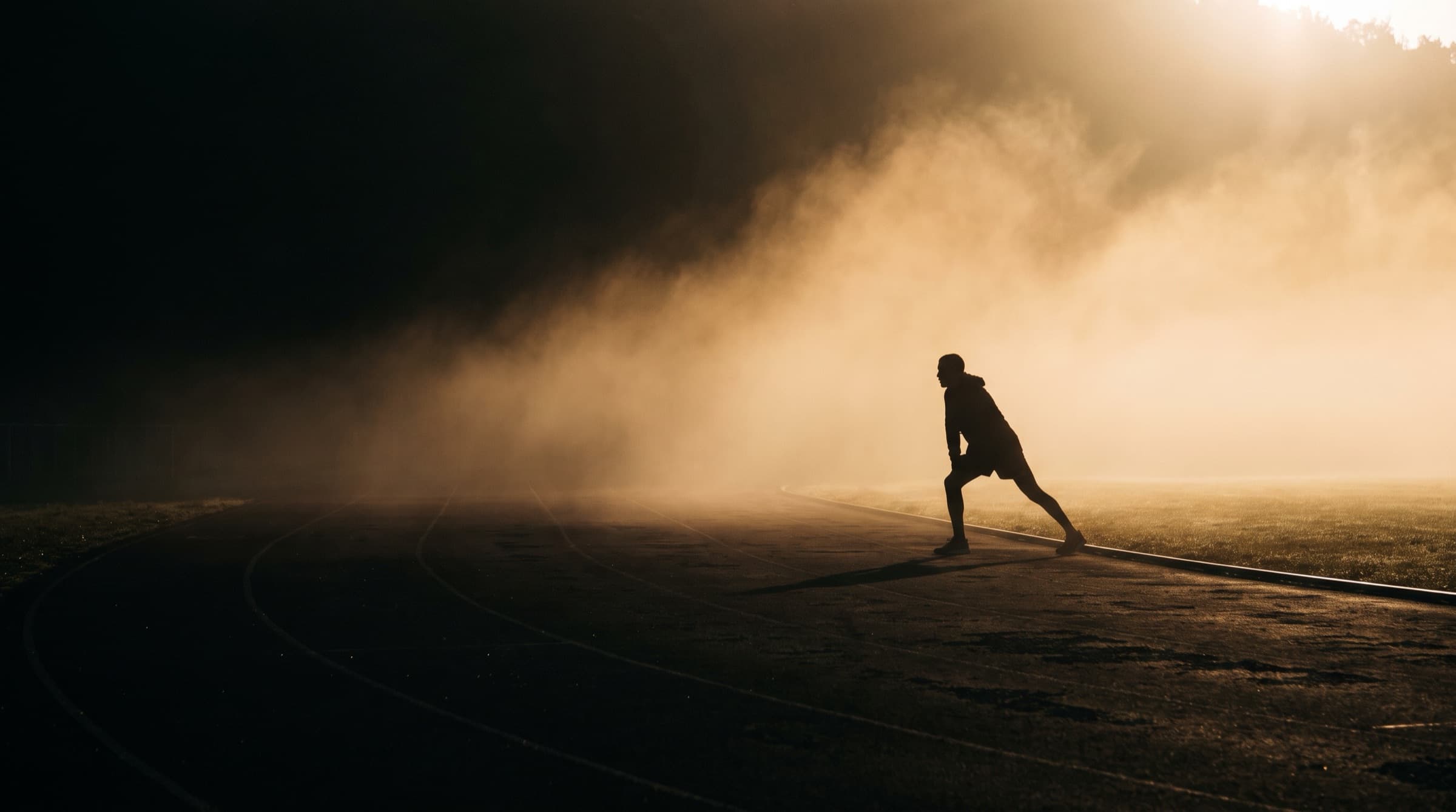A lone athlete stretching at dawn on a track in golden mist
