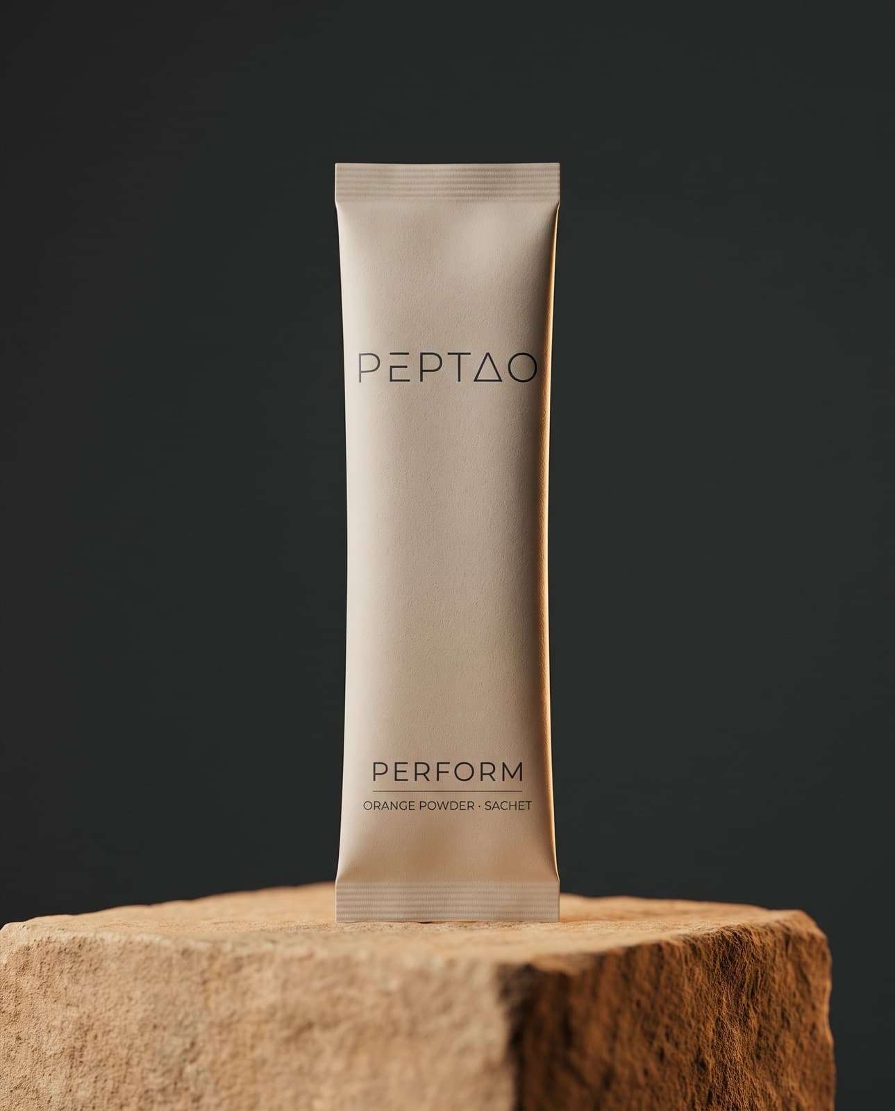 PEPTAO Perform powder sachet standing on warm sandstone