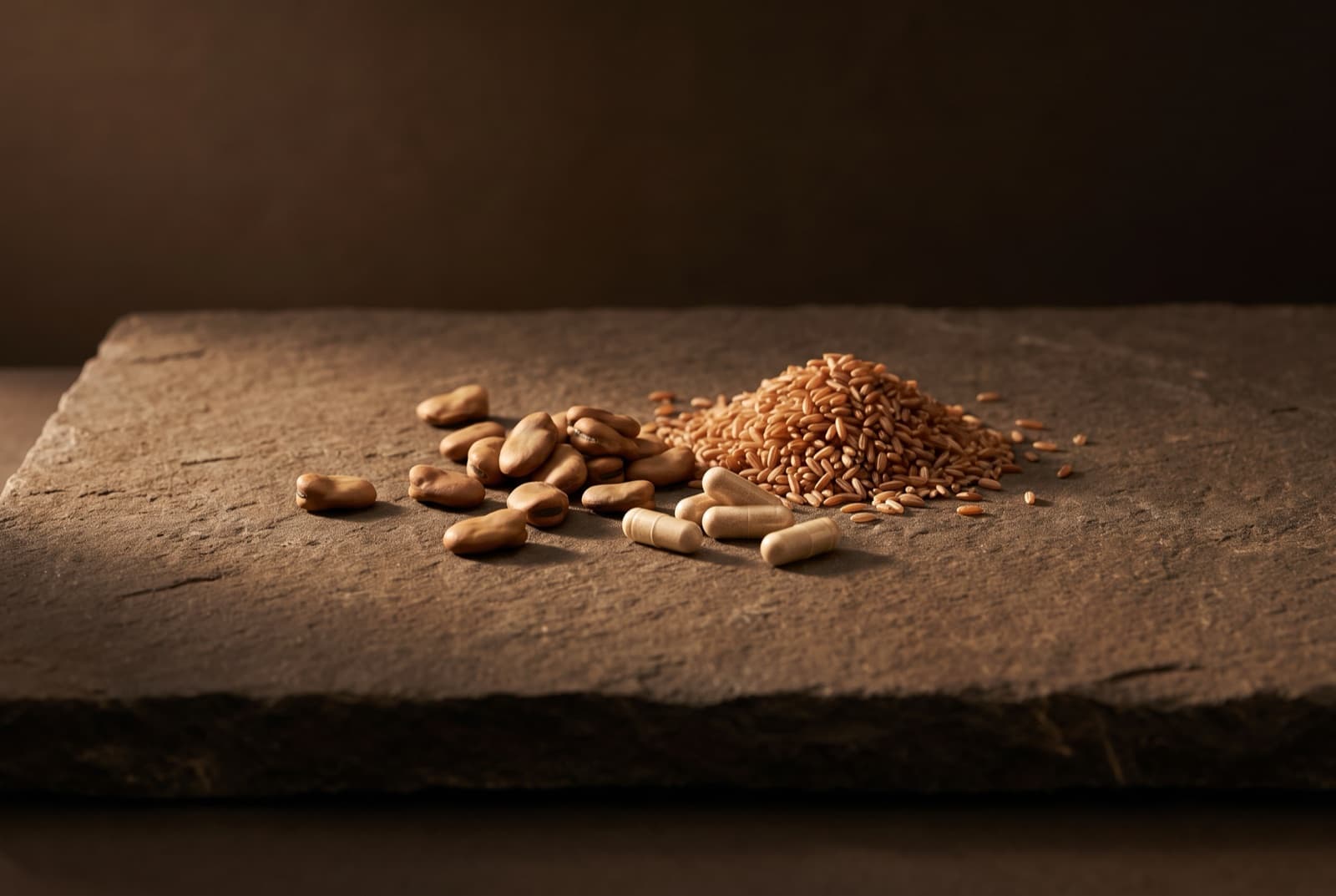 Fava beans, brown rice grains and supplement capsules on stone