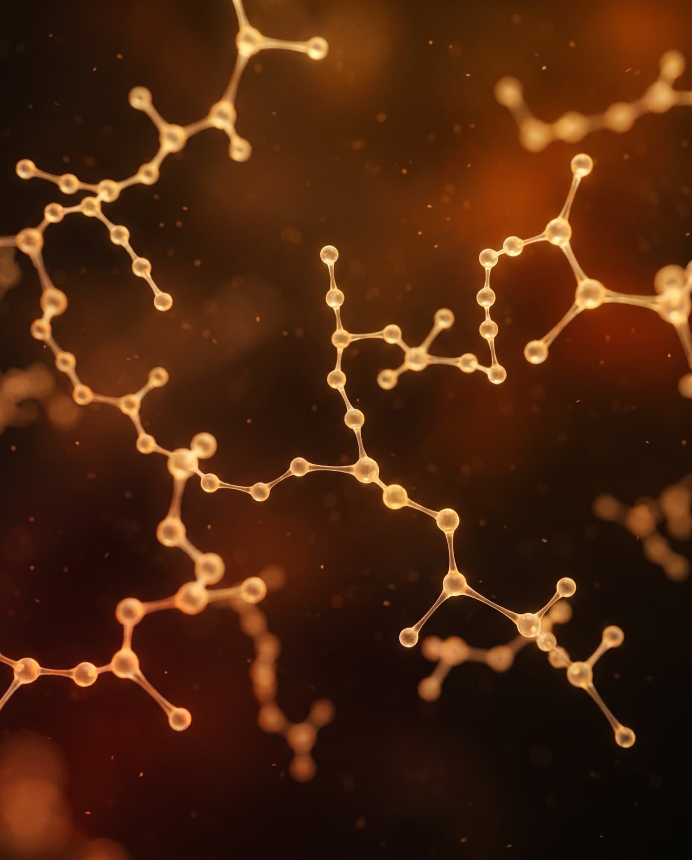 Translucent golden peptide molecular chains in warm haze