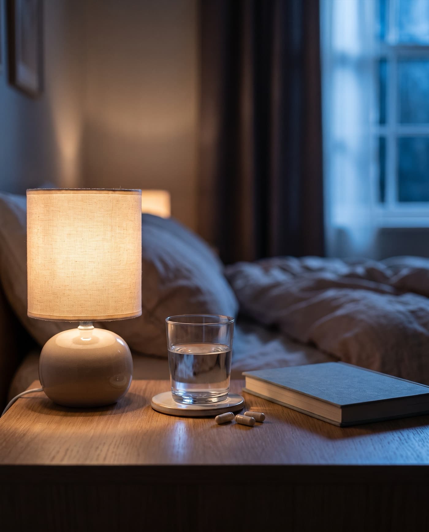 A glass of water and capsules on a bedside table at night