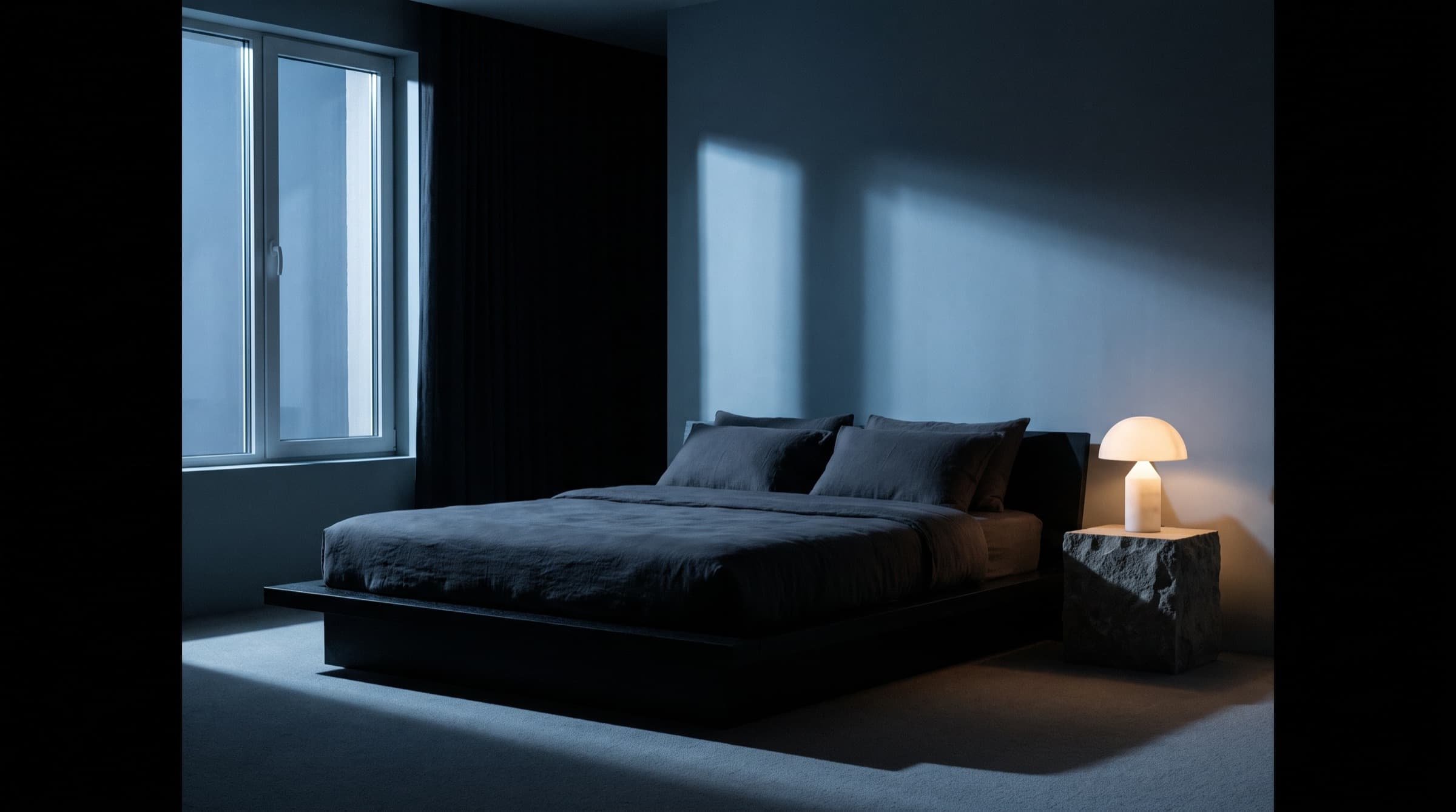 A calm, dark bedroom lit by soft moonlight and a warm lamp