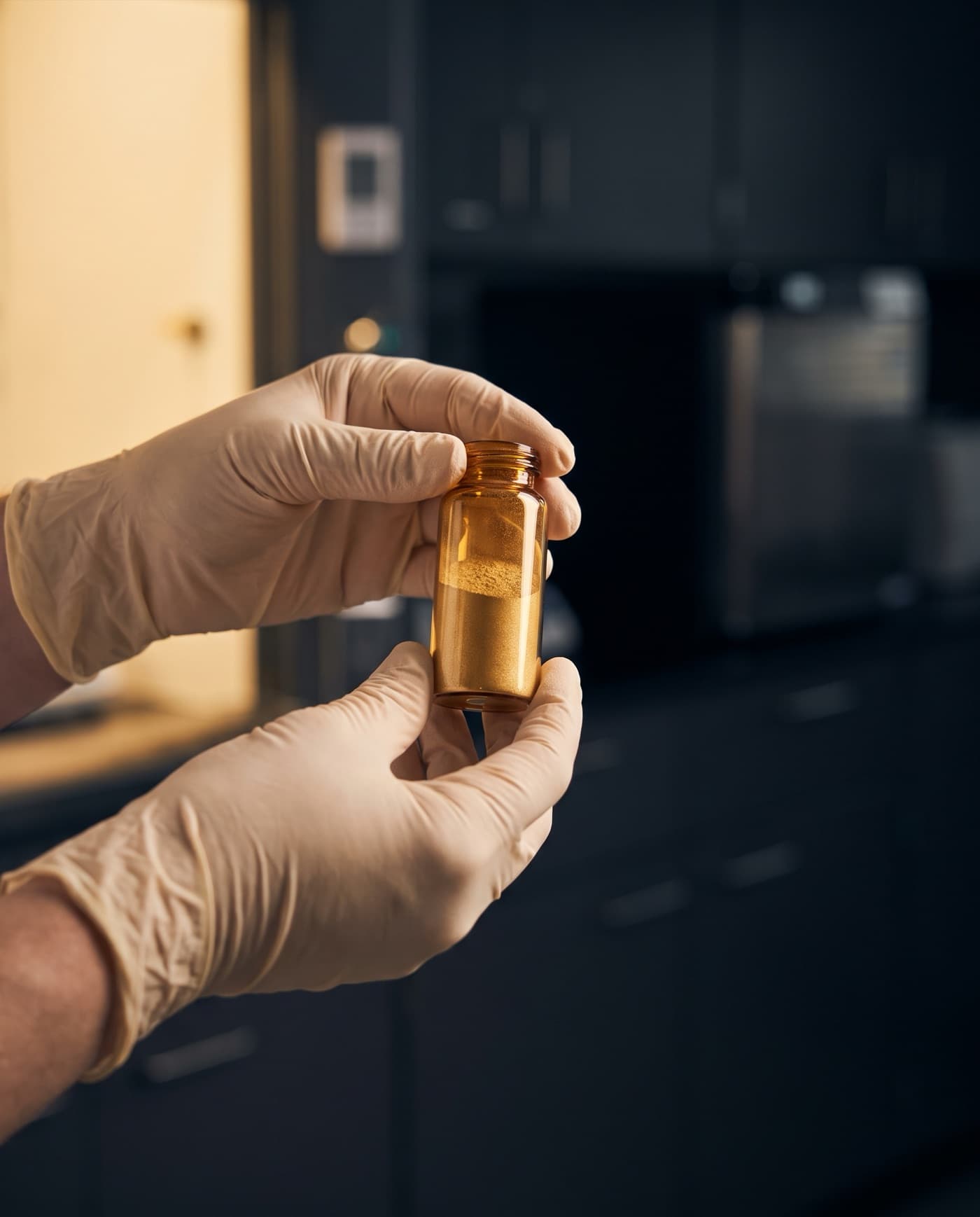 Gloved hands holding a vial of golden peptide powder in a laboratory